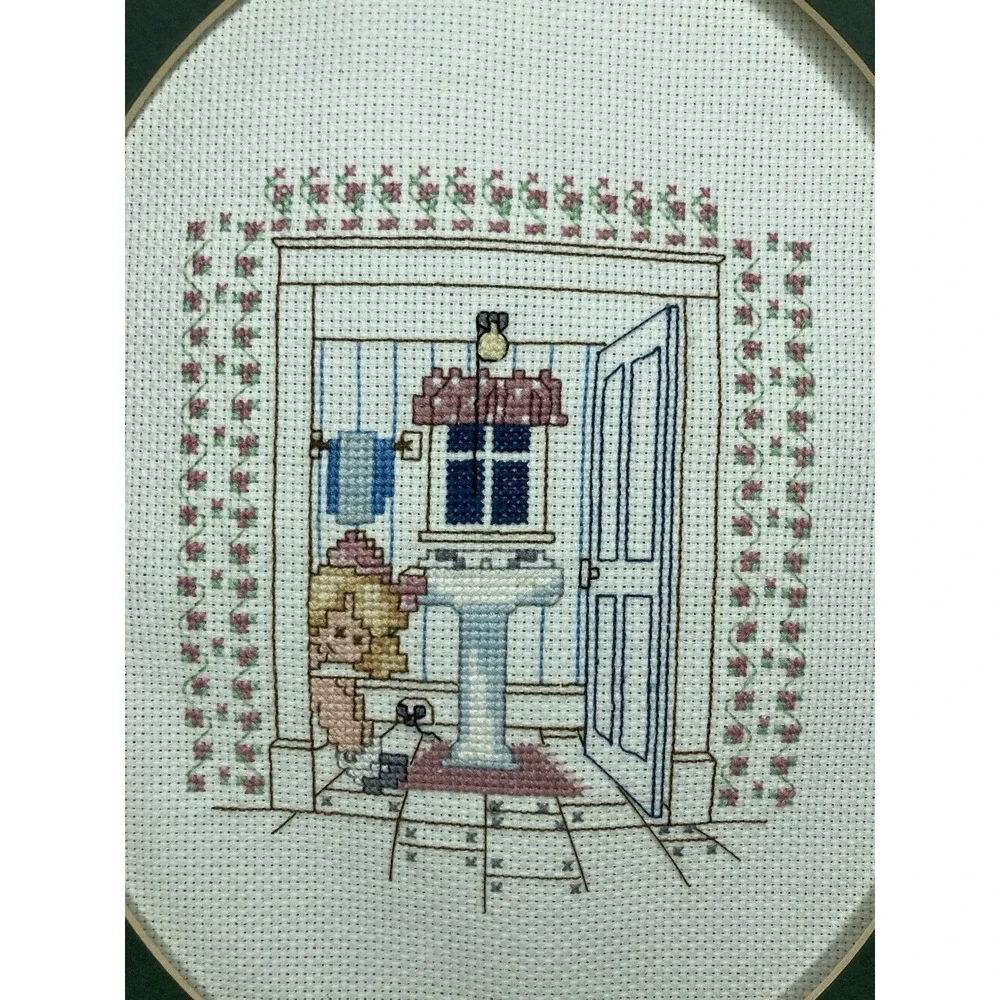 Vintage Counted Cross Stitch Bathroom Boy Girl Wall Art Pair Humor Matted Decor